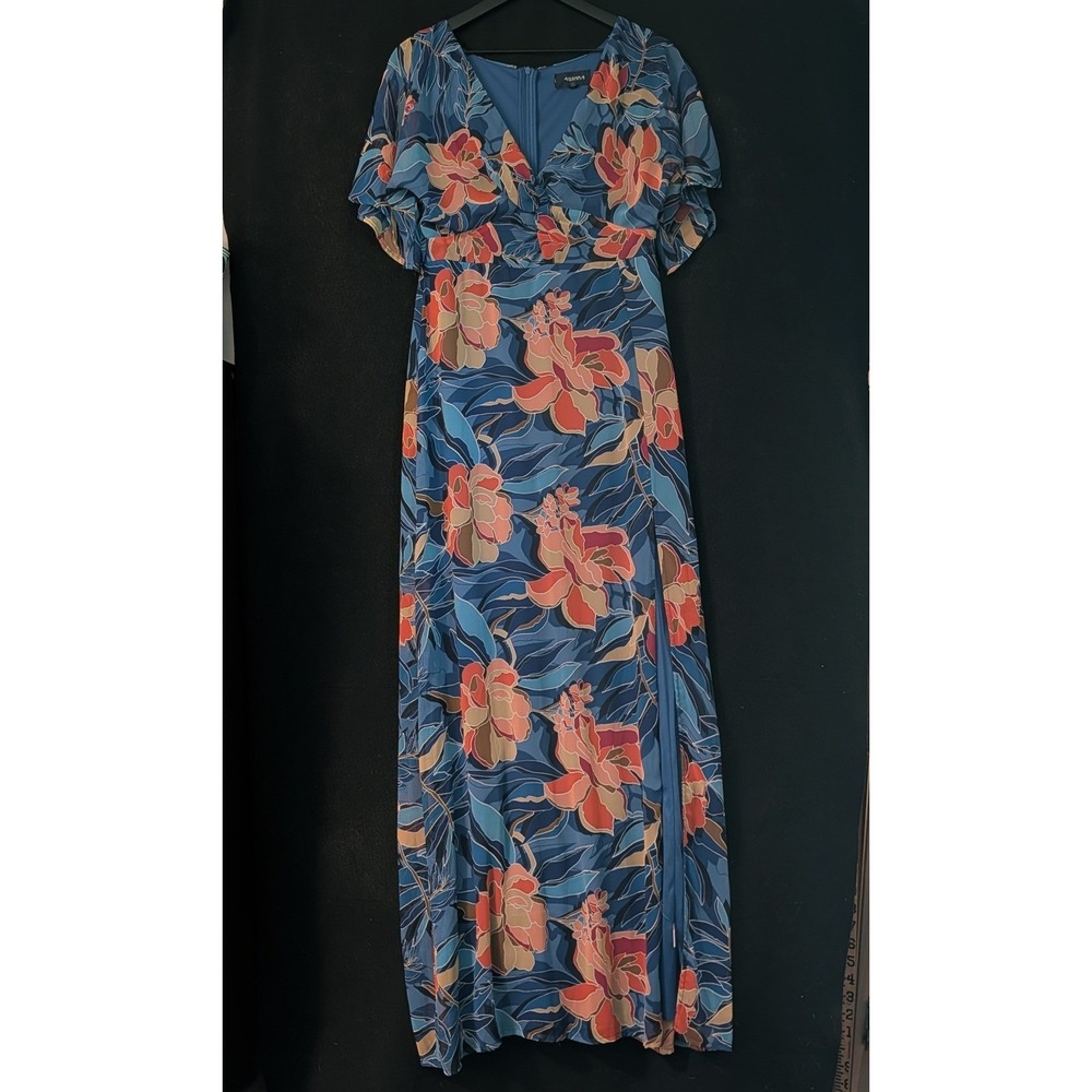 4SI3NNA Floral Maxi Dress Large Blue Tropical Empire Waist Front Slit Lined Flow
